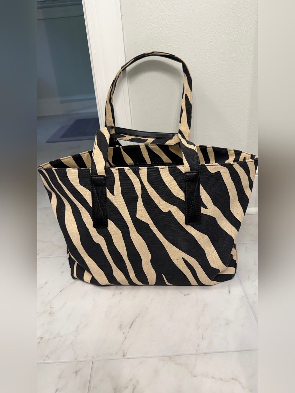 Michael Kors Black & Beige Zebra-Print Tote with MK Charm - Picture 2 of 11